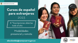 Diseño gráfico que presenta información sobre cómo inscribirse a los cursos de español para extranjeros –ofrecidos por el ICC–.