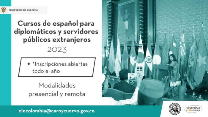 Diseño gráfico que presenta información sobre cómo inscribirse a los cursos de español académico para diplomáticos y funcionarios públicos –ofrecidos por el ICC–.