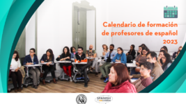 Diseño gráfico que anuncia la disponibilidad del calendario de formación de profesores de español 2023.