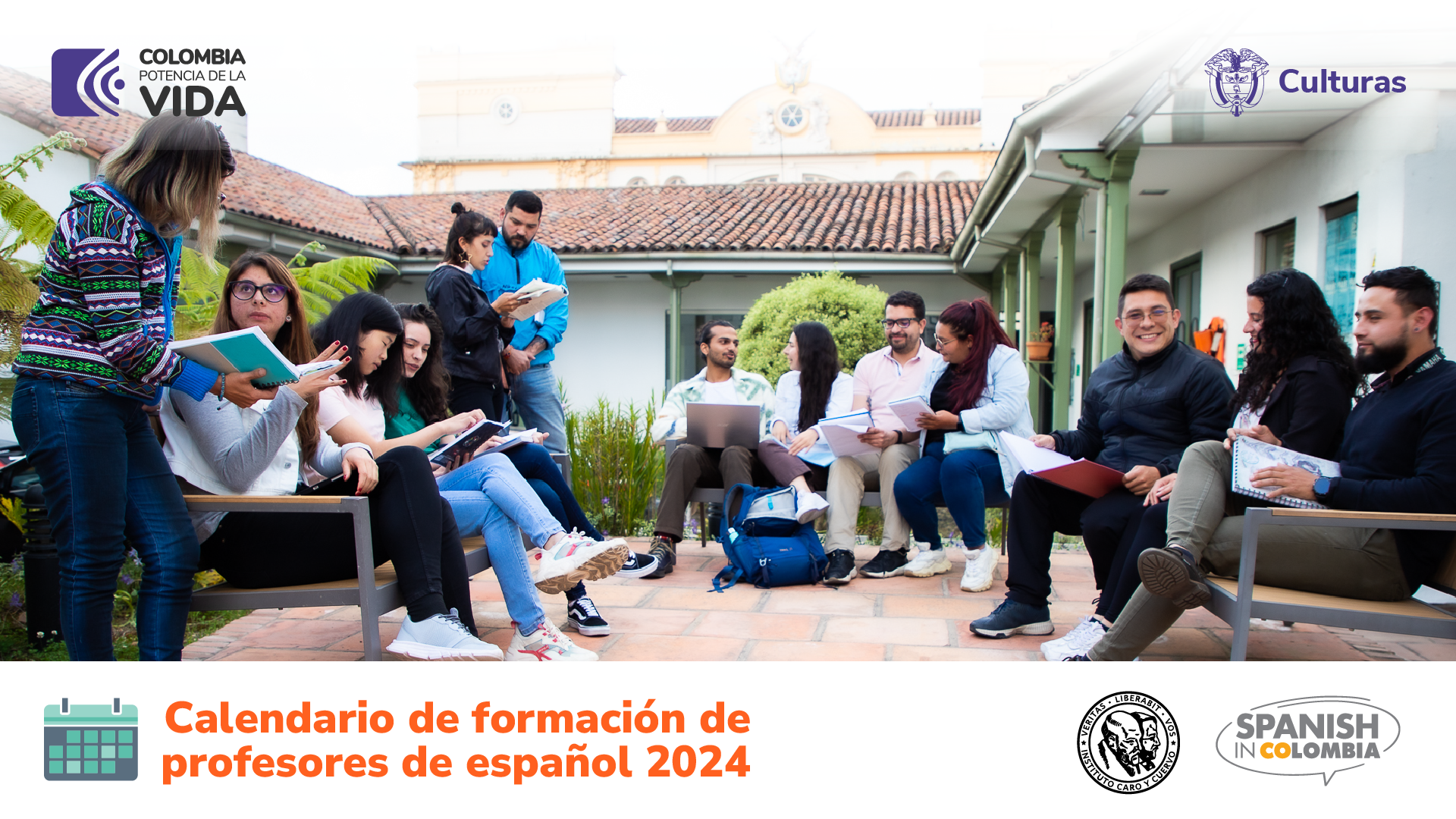 Diseño gráfico que acompaña el calendario de formación de profesores de español para 2024.