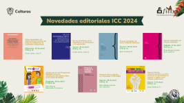 Diseño gráfico que muestra las siete novedades editoriales que serán presentadas por el ICC al público de la FILBo 2024.