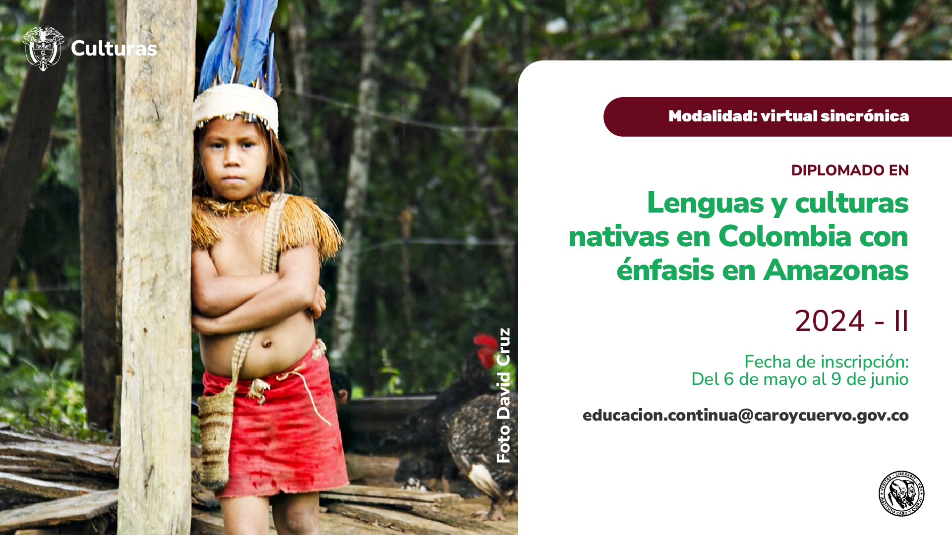 Diseño gráfico que provee información sobre la apertura de inscripciones al diplomado en Lenguas y culturas nativas en Colombia con énfasis en Amazonas - semestre II.